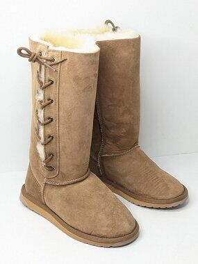 Emu Australia Platinum Hi Lace Shearling Boots Chestnut Suede Womens 7